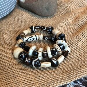 Wooden Beaded Black Brown and Cream Bracelet Set